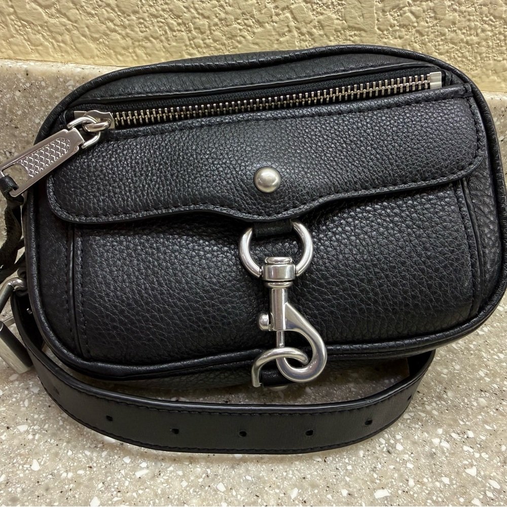 Black Pebbled Leather Crossbody Bag with Silver Hardware